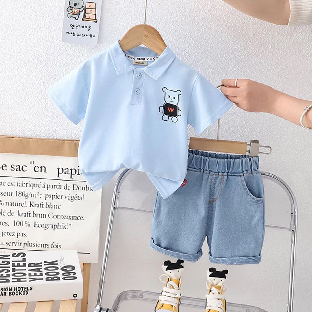 Boys Blue Short Sleeve Polo T-Shirt With Denim Shorts (Copy) Sets Blue 1-2 Y