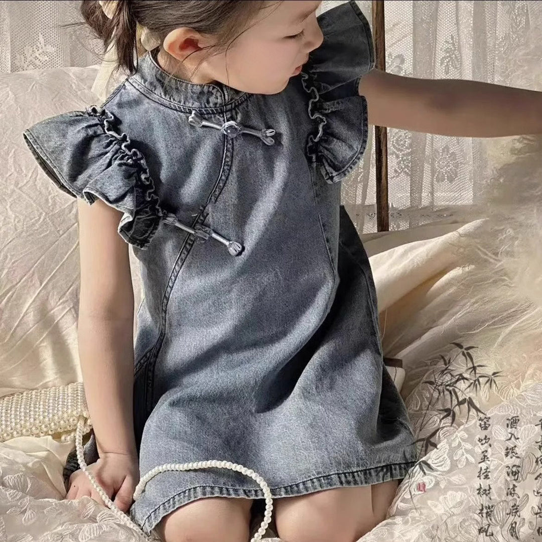 Girls Flared Sleeves A-line Denim Dress Casual Dresses   