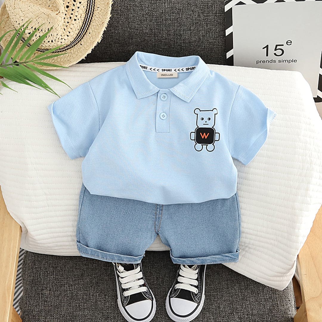 Boys Blue Short Sleeve Polo T-Shirt With Denim Shorts (Copy) Sets