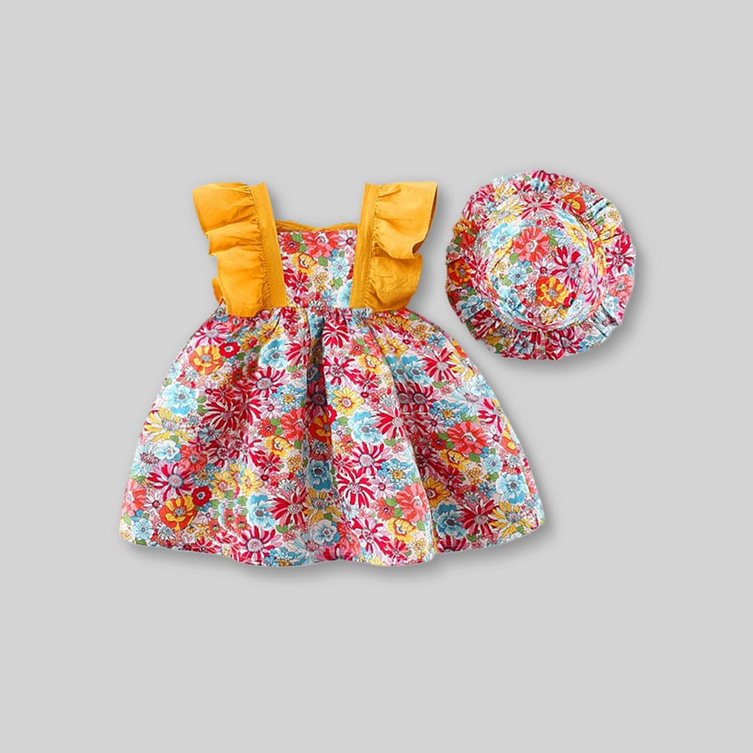 Girls Floral Print Casual Ruffle Dress with Hat Casual Dresses   