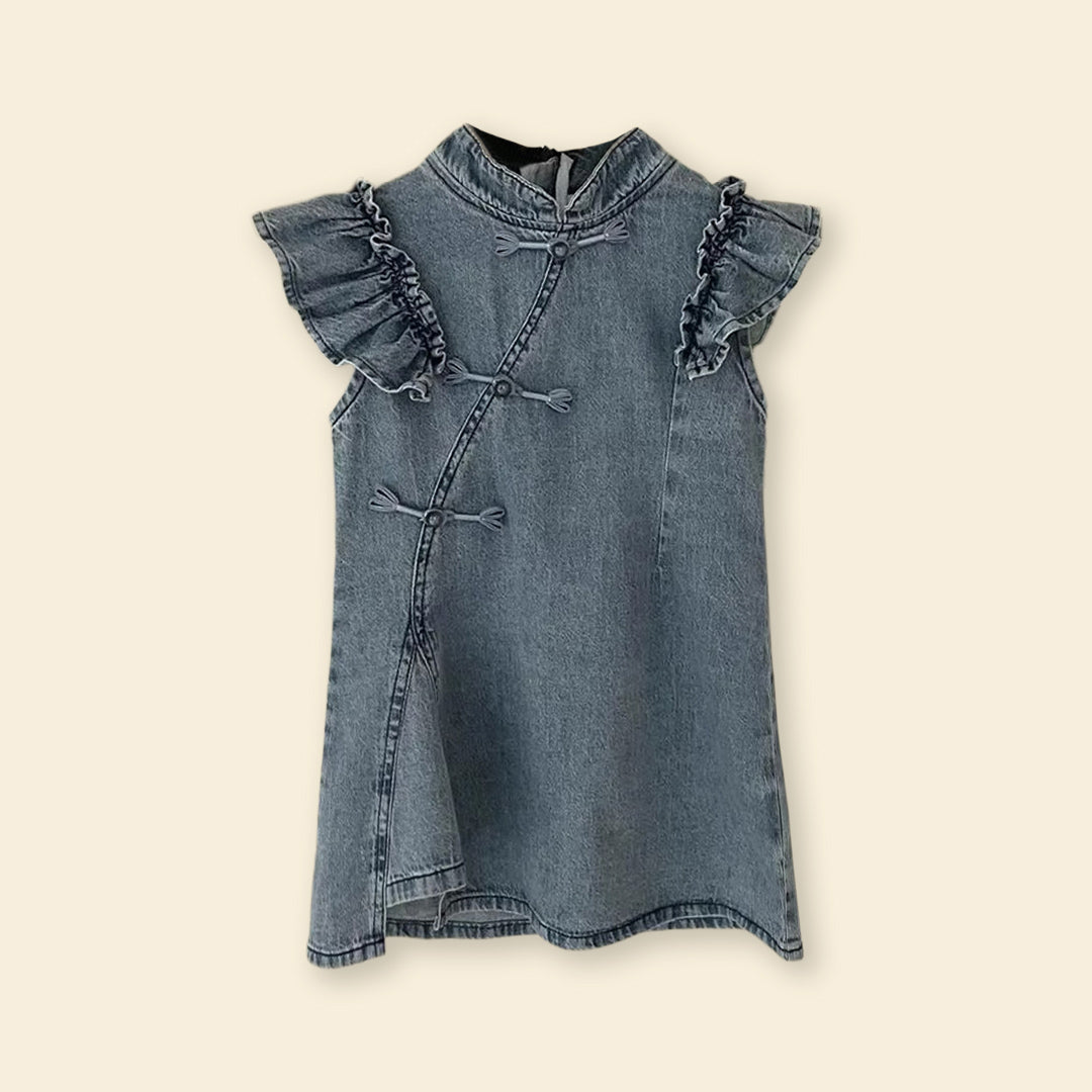 Girls Flared Sleeves A-line Denim Dress Casual Dresses   