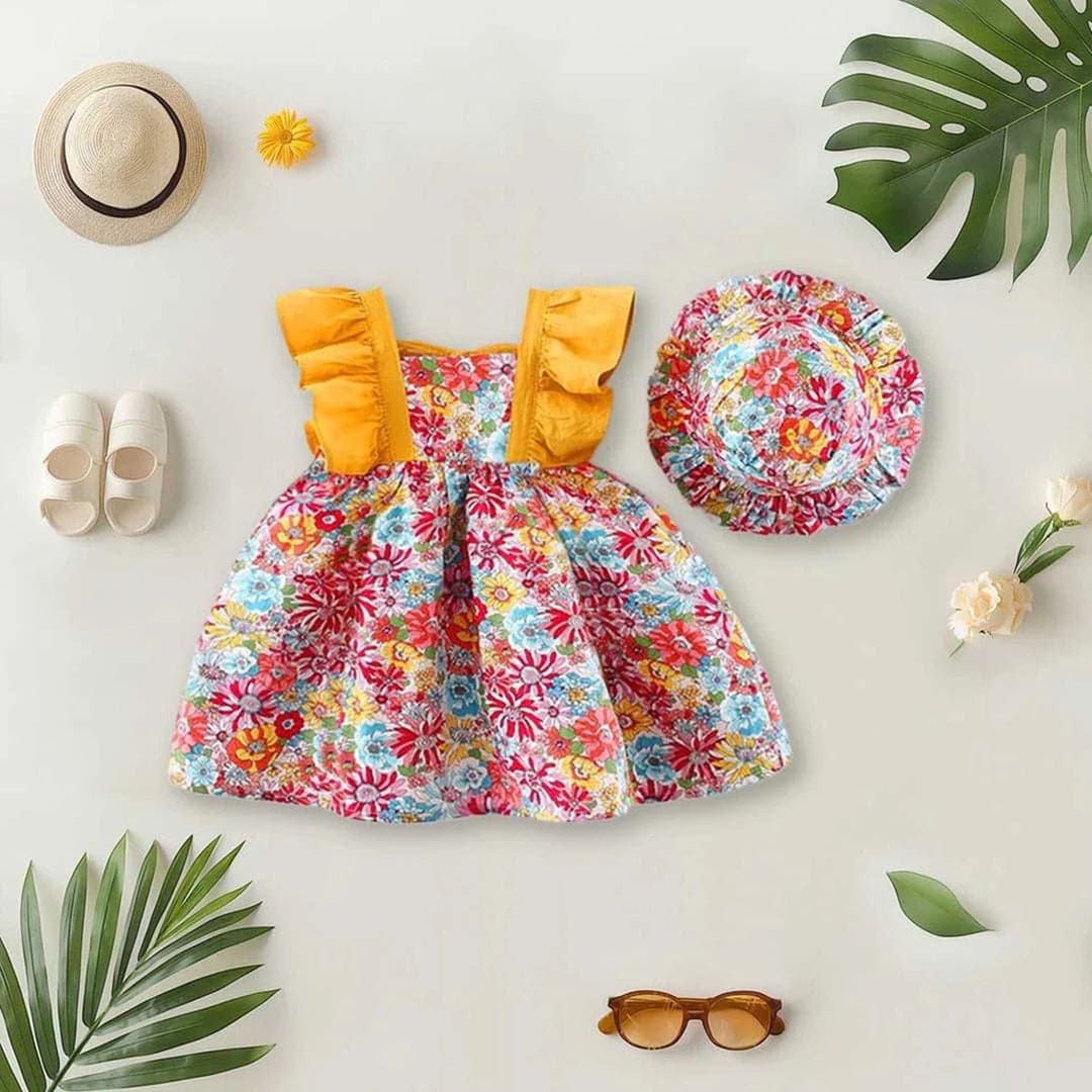 Girls Floral Print Casual Ruffle Dress with Hat Casual Dresses Yellow 1-2 Y 